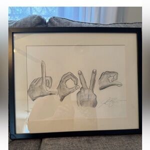 American Sign Language Hands Love Art Inspirational Charcoal Signed By Artist